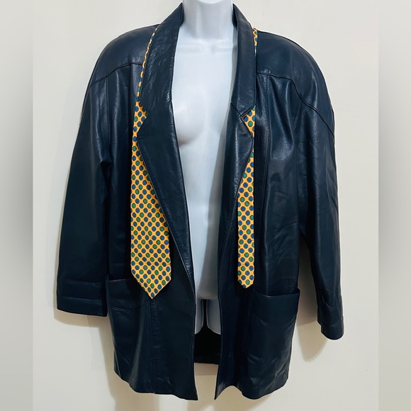 Vintage Genuine Leather Navy Blazer Style Jacket Large Front Pockets Size M - Picture 4 of 13